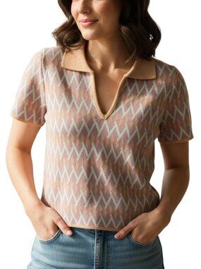 Bohme Lavender Polo Sweater with Mint & Camel Diamond Knit